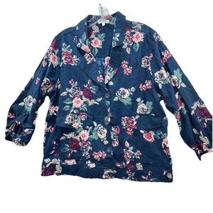 Maurices Light Blazer Jacket Women's Large Linen Blend Blue Floral 3/4 Sleeve